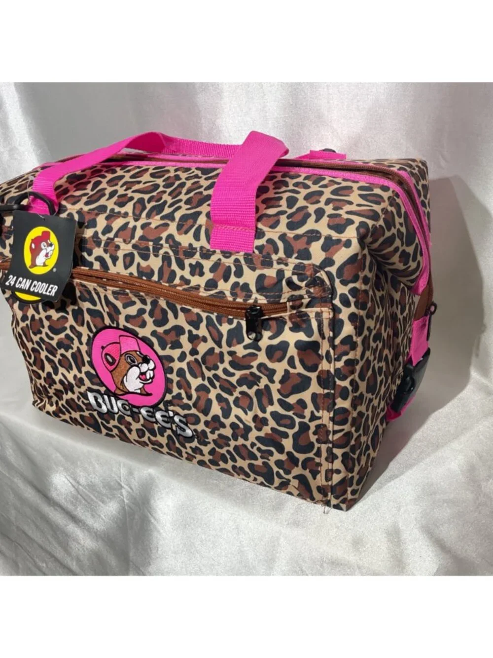 Buc-ees Leopard Print 24-Can Cooler Bag With Pink Handles Insulated Design Zippe - Picture 4 of 9
